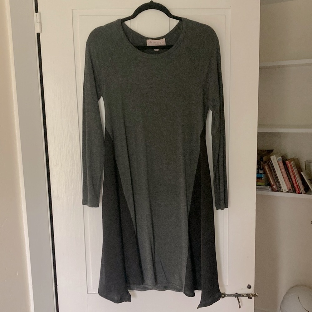 Philosophy knee length dress.  T-shirt feel, fun side-panels.  Dk gray/black, M.